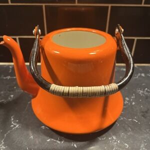 Vintage Orange Enamelware ~ Teapot ~ Kettle ~ No Lid  Black Trim ~ Japan